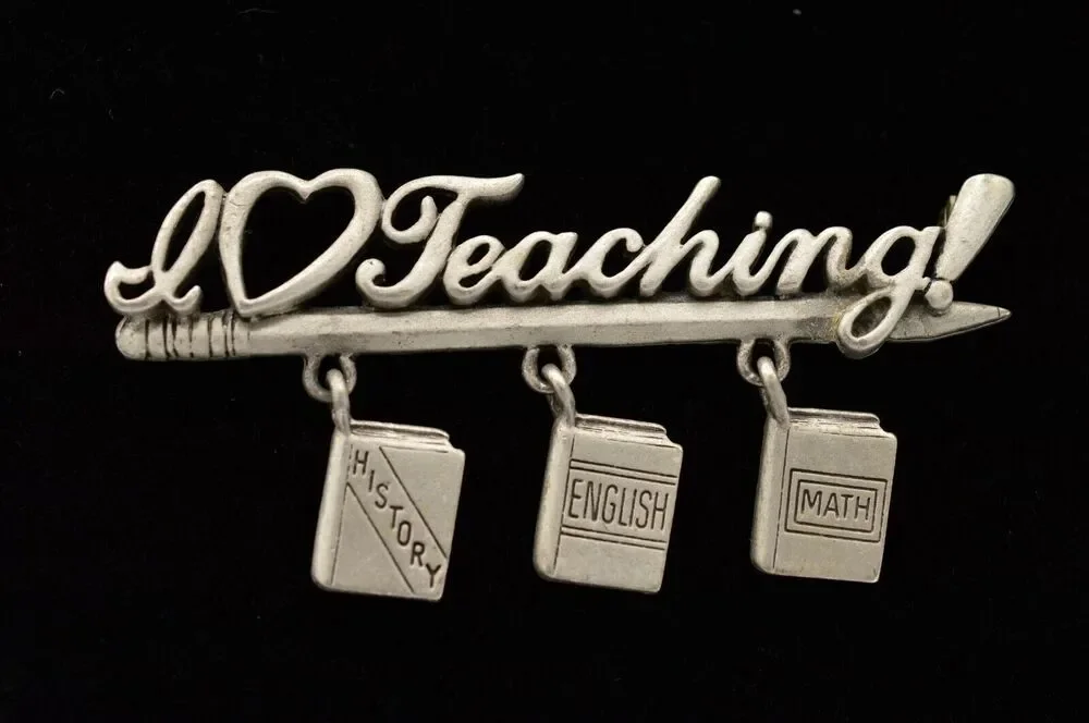 JJ Vintage Pin Brooch I Love Teaching Subjects Books Teacher Signed 1980s BinV